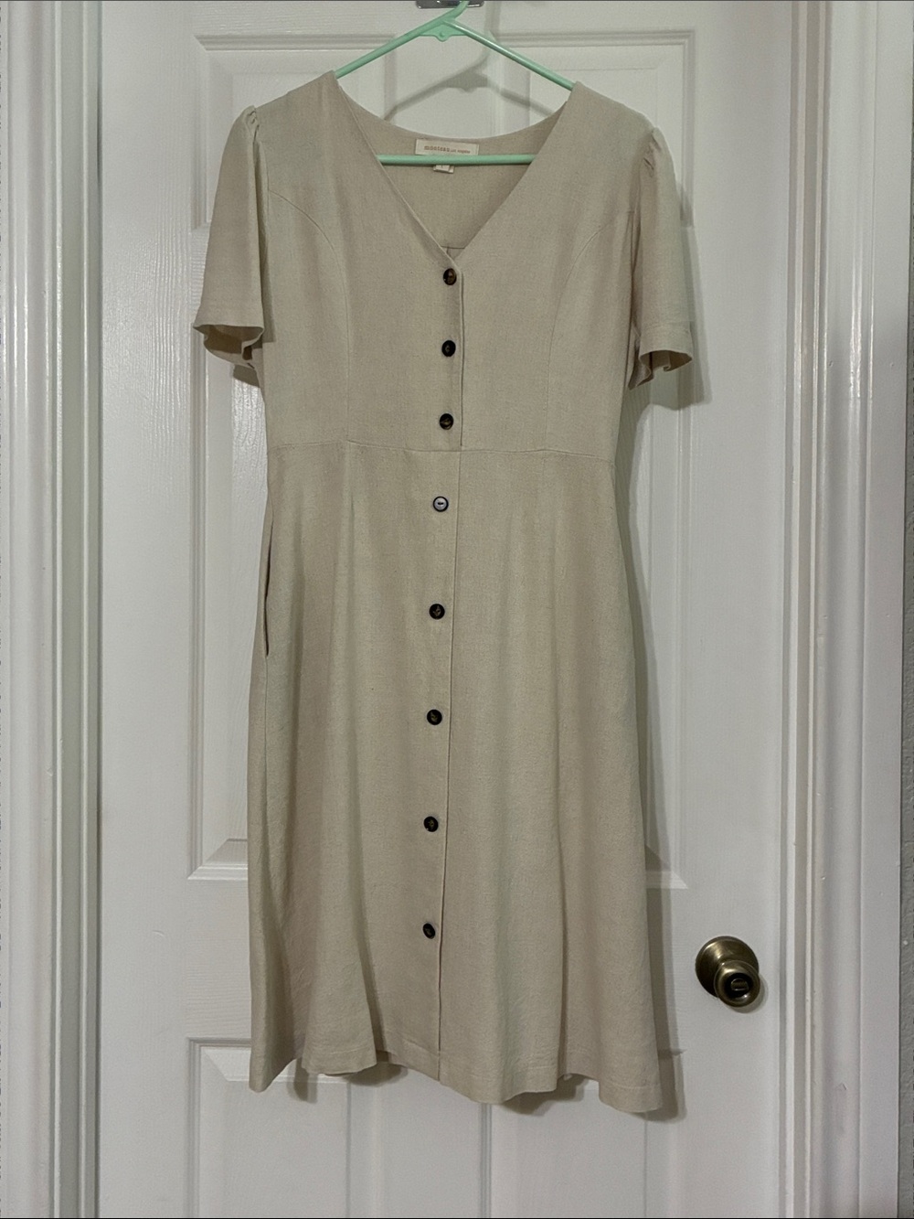 V-Neck Button-Front Midi Dress in Light Beige